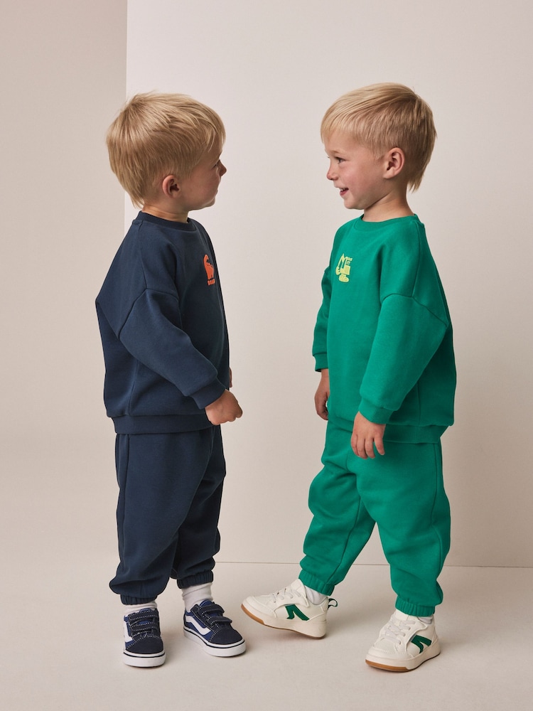 Green/Navy Back Print Crew Neck Joggers Set 4 Piece (3mths-7yrs) - Image 2 of 5 Green/Navy Back Print Crew Neck Joggers Set 4 Piece (3mths-7yrs) - Image 2 of 5