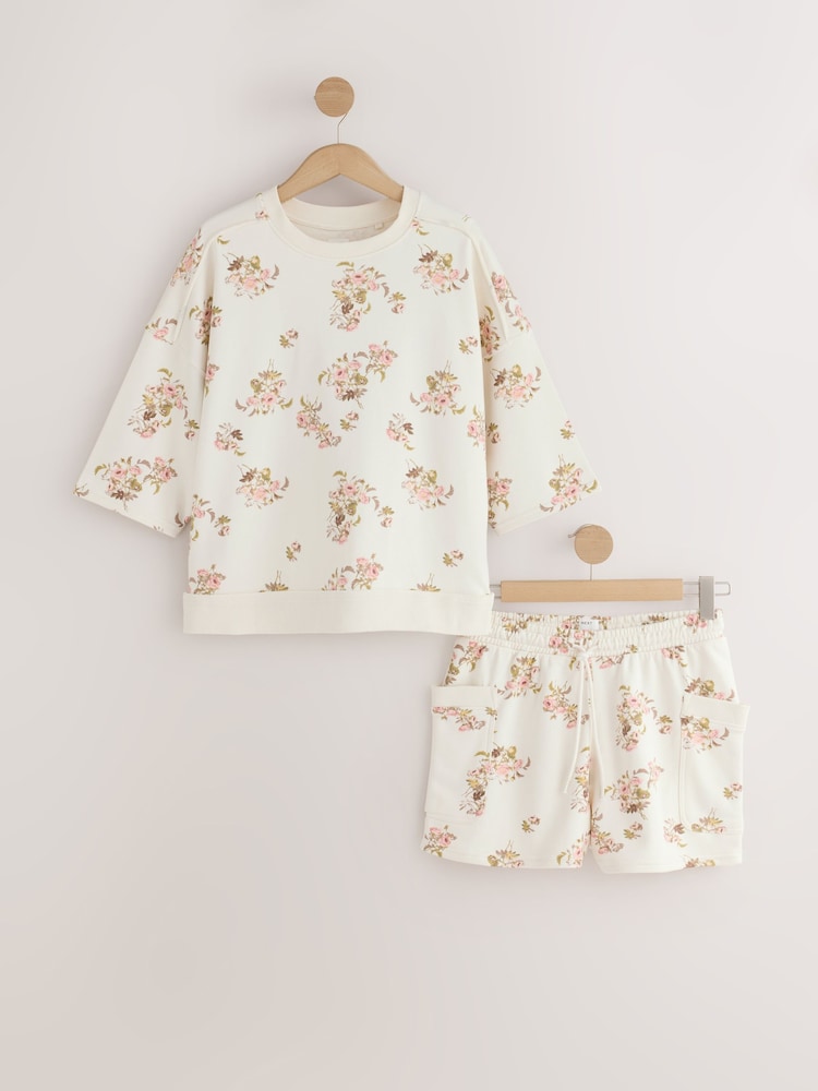 Cream Floral Sweatshirt and Short Loungewear Set - Image 1 of 3 Cream Floral Sweatshirt and Short Loungewear Set - Image 1 of 3