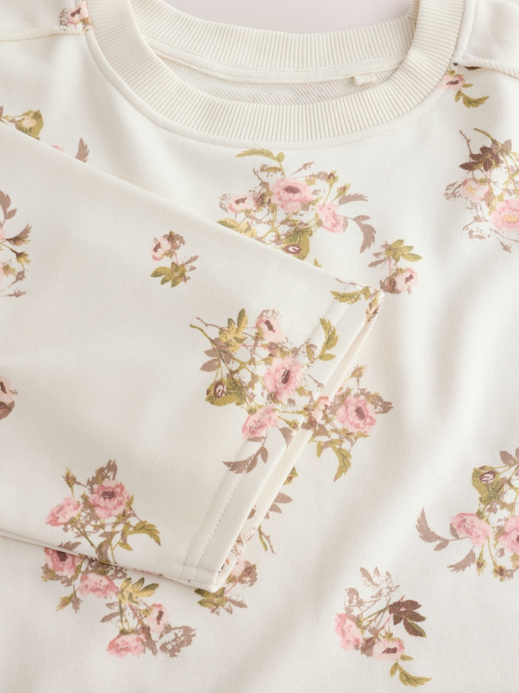 Cream Floral Sweatshirt and Short Loungewear Set - Image 3 of 3 Cream Floral Sweatshirt and Short Loungewear Set - Image 3 of 3