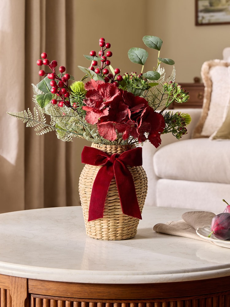 Red Winter Artificial Floral Arrangement In Woven Vase - Image 1 of 3