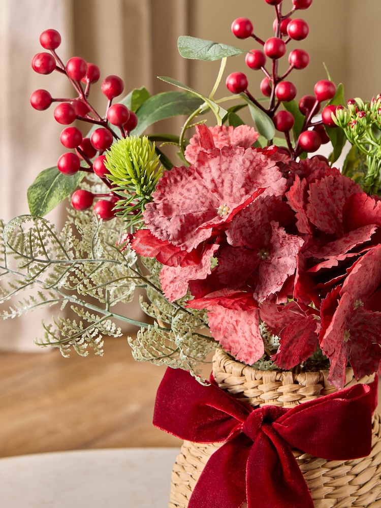Red Winter Artificial Floral Arrangement In Woven Vase - Image 2 of 3