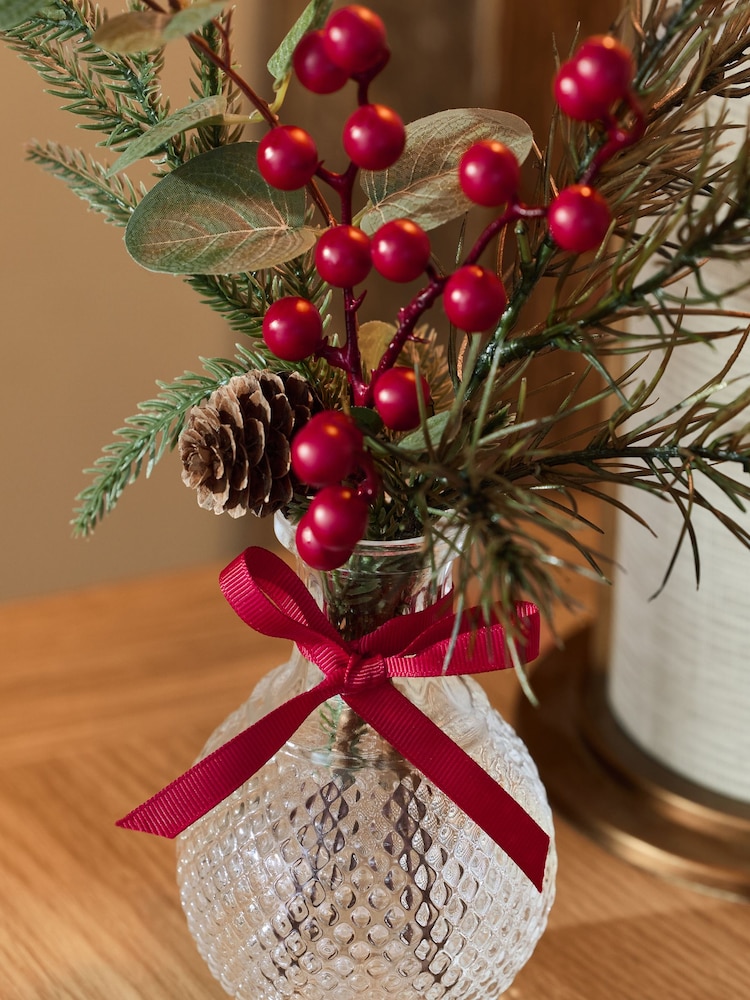 Red Winter Artificial Foliage Arrangement In Clear Glass Vase - Image 2 of 3