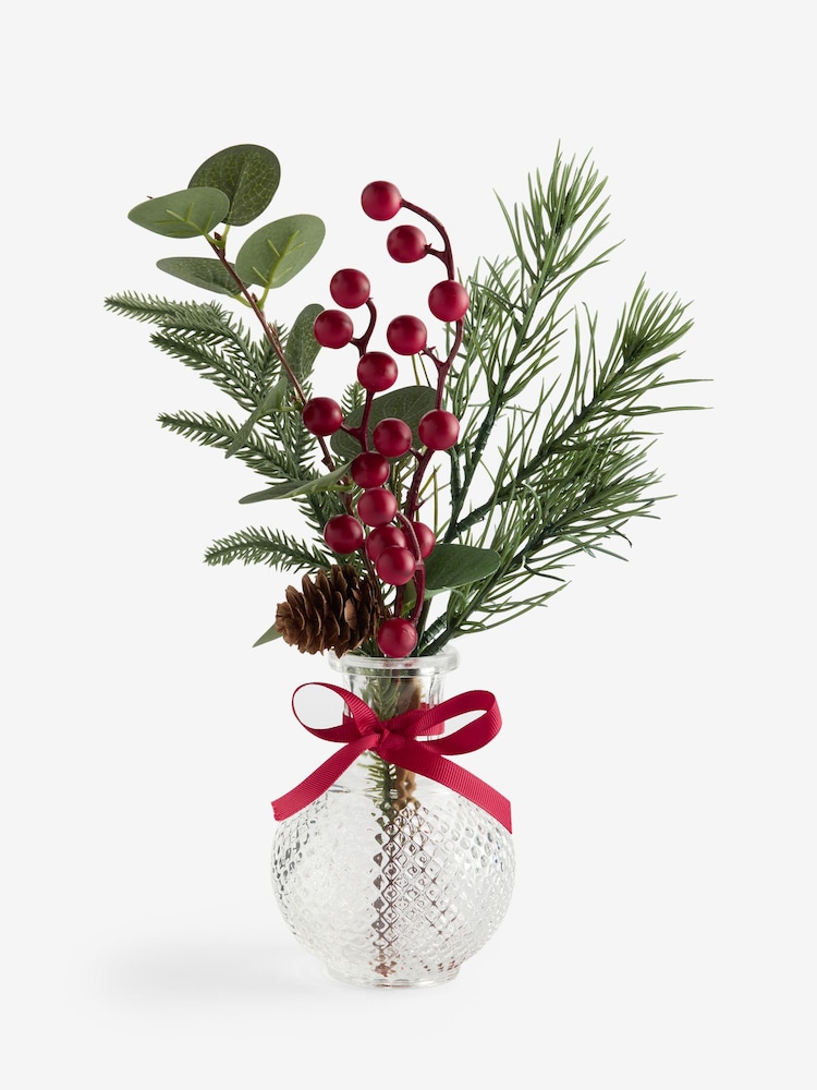 Red Winter Artificial Foliage Arrangement In Clear Glass Vase - Image 3 of 3