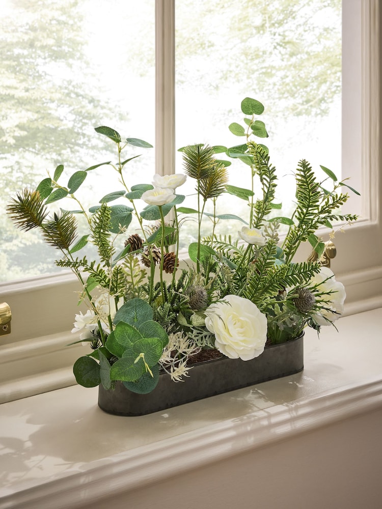 White Artificial Floral Arrangement In Metal Tray - Image 1 of 2