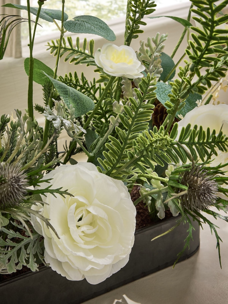 White Artificial Floral Arrangement In Metal Tray - Image 2 of 2
