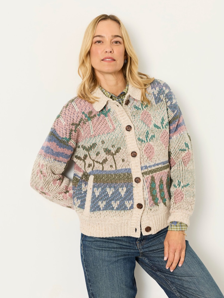 FatFace Natural Allotment Pattern Knitted Cardigan - Image 2 of 7 FatFace Natural Allotment Pattern Knitted Cardigan - Image 2 of 7
