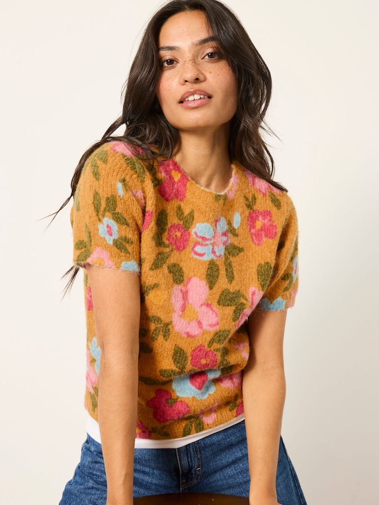 FatFace Yellow Floral Fluffy Knit Top - Image 1 of 6