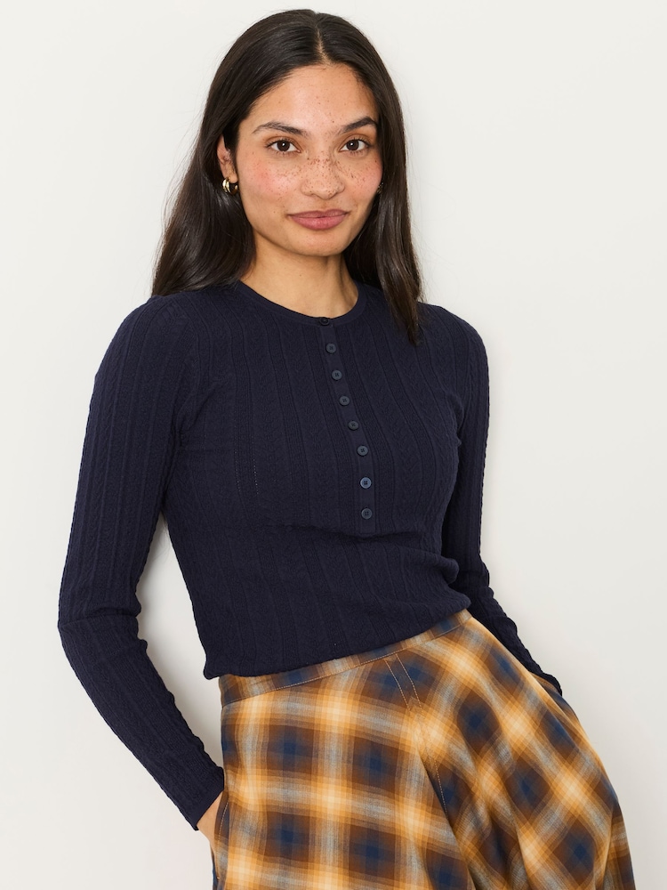 FatFace Mae Navy Knitted Henley Jumper - Image 1 of 6