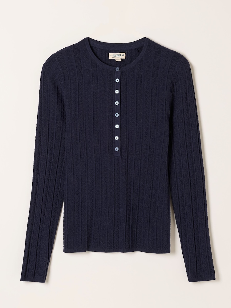 FatFace Mae Navy Knitted Henley Jumper - Image 6 of 6