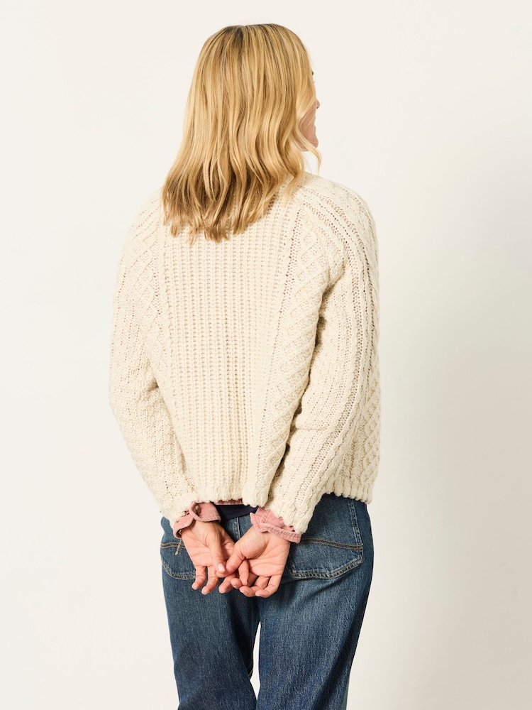 FatFace Natural Floral Knitted Cable Button Front Cardigan - Image 2 of 6 FatFace Natural Floral Knitted Cable Button Front Cardigan - Image 2 of 6