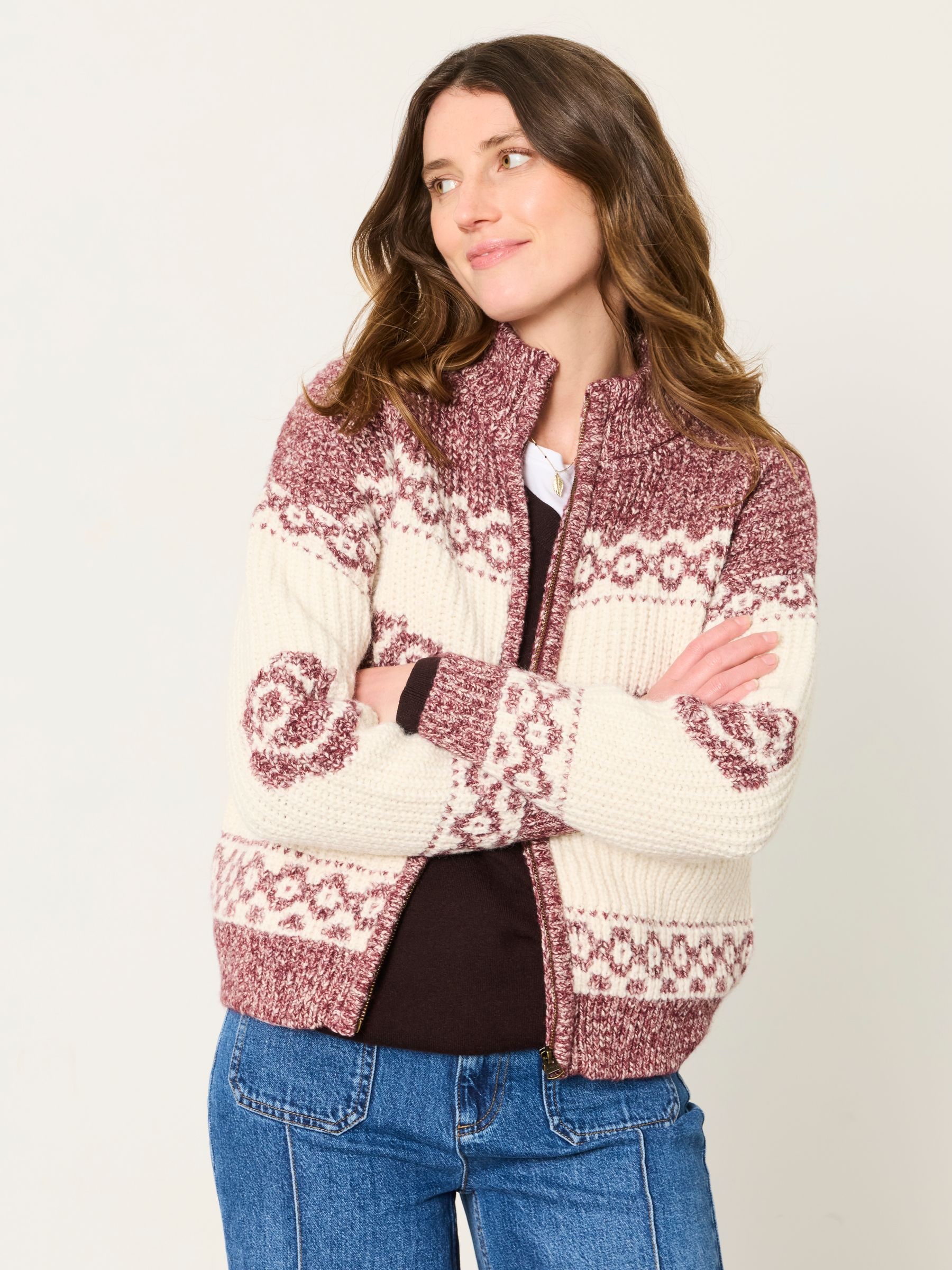 Buy FatFace Purple Aria Knitted Floral Zip Through Cardigan from