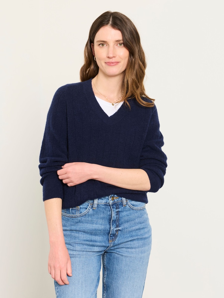 FatFace Halle Navy Knitted V Neck Jumpers - Image 1 of 6