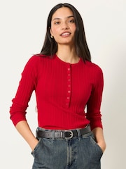 FatFace Mae Red Knitted Henley Jumper - Image 1 of 5