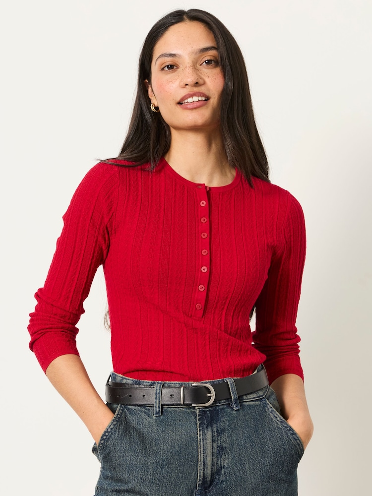 FatFace Mae Red Knitted Henley Jumper - Image 1 of 5