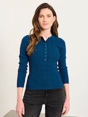 FatFace Mae Teal Blue Knitted Henley Jumper - Image 1 of 5