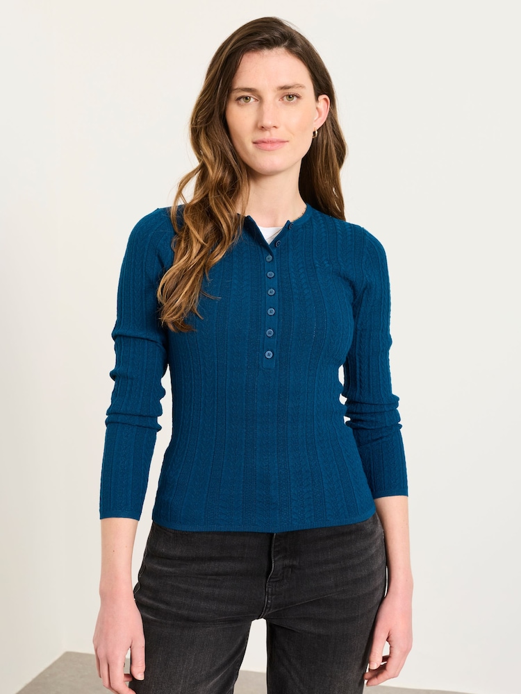 FatFace Mae Teal Blue Knitted Henley Jumper - Image 1 of 5 FatFace Mae Teal Blue Knitted Henley Jumper - Image 1 of 5