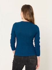 FatFace Mae Teal Blue Knitted Henley Jumper - Image 2 of 5