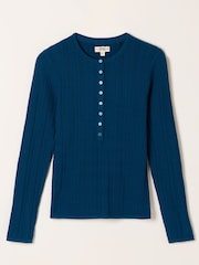 FatFace Mae Teal Blue Knitted Henley Jumper - Image 5 of 5