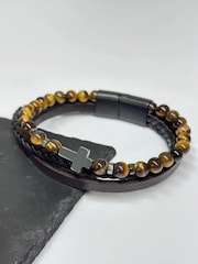 Treat Republic Personalised Mens Dual Tigers Eye and Leather Cross Bracelet - Image 2 of 3