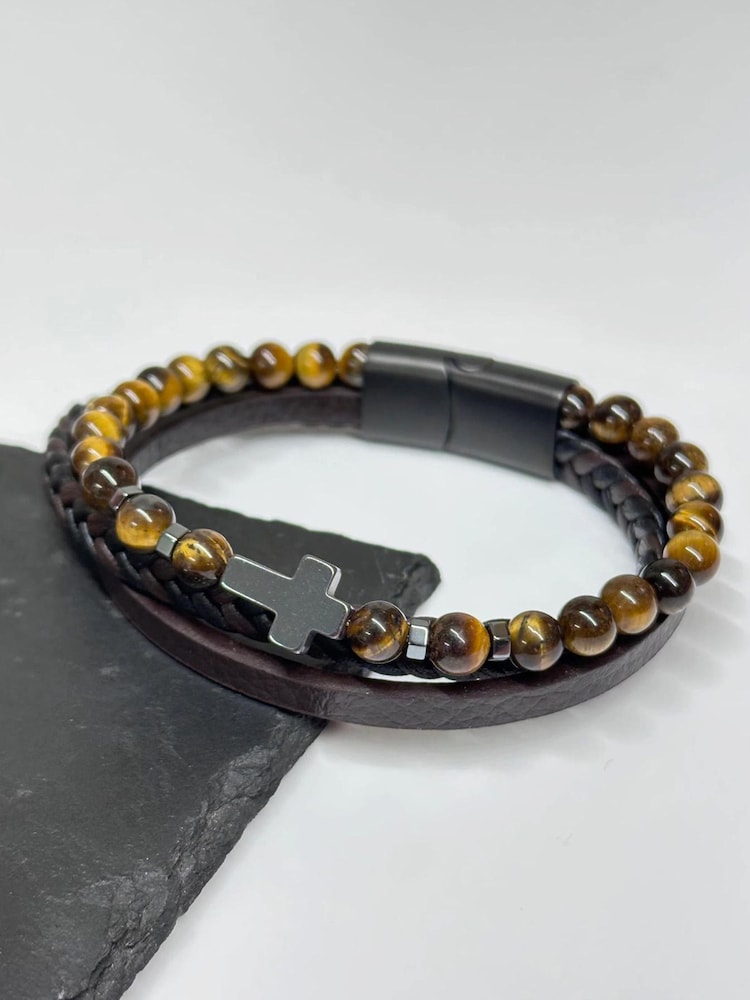Treat Republic Personalised Mens Dual Tigers Eye and Leather Cross Bracelet - Image 2 of 3
