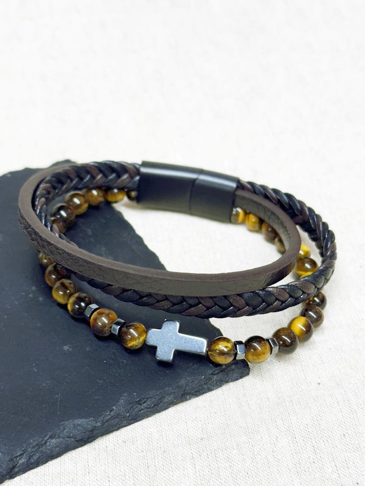 Treat Republic Personalised Mens Dual Tigers Eye and Leather Cross Bracelet - Image 3 of 3