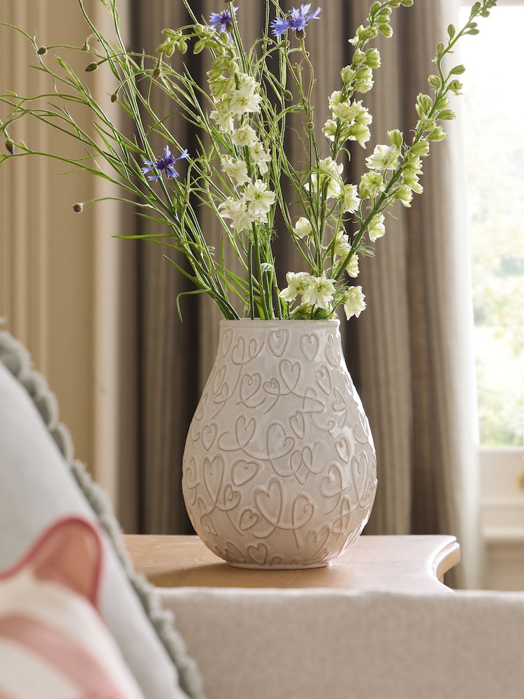 White Heart Embossed Ceramic Vase - Image 1 of 3