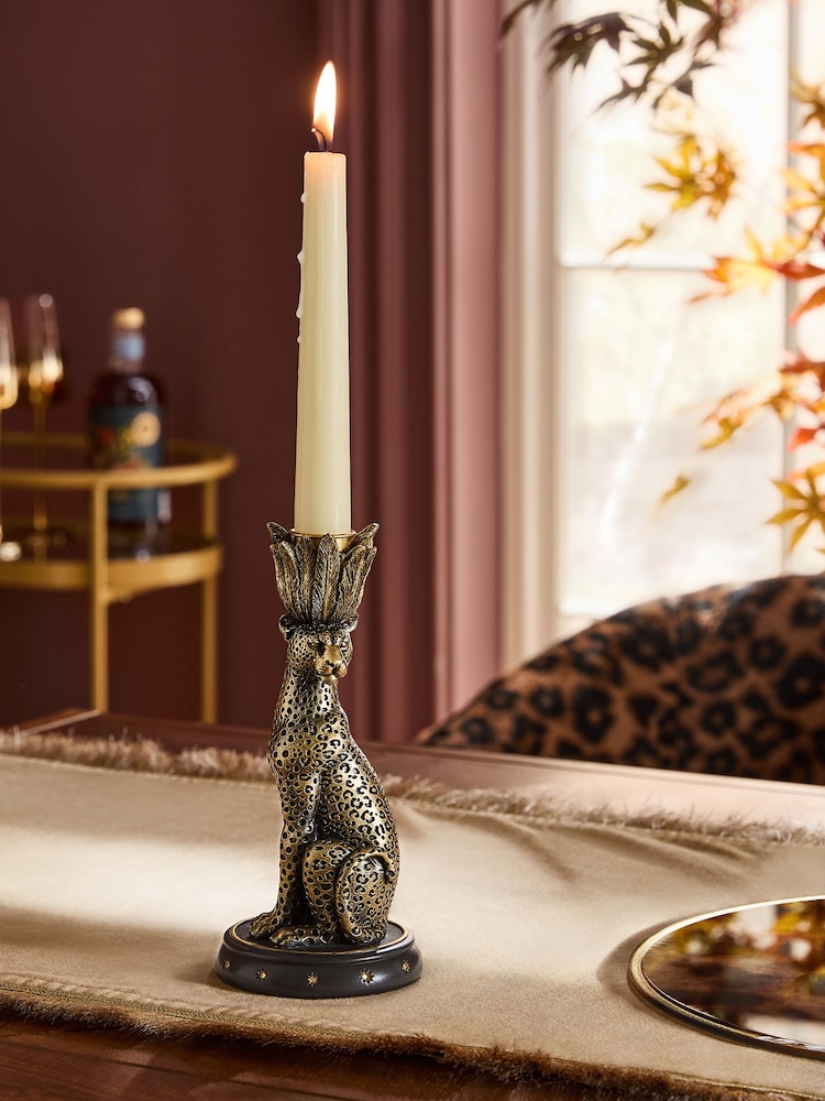 Gold Antiqued Finish Luca Leopard Taper Candle Holder - Image 1 of 4 Gold Antiqued Finish Luca Leopard Taper Candle Holder - Image 1 of 4