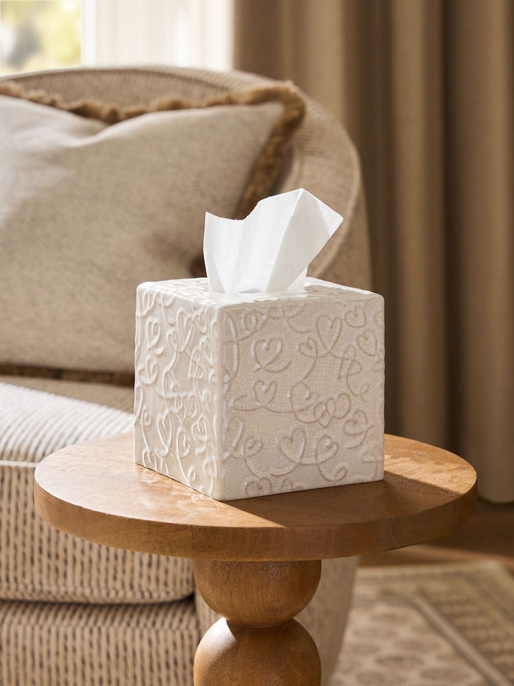 White Heart Embossed Ceramic Tissue Box - Image 1 of 3