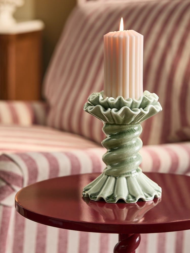 Green Ceramic Twist Pillar Candle Holder - Image 1 of 4