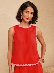 Love & Roses Red Viscose/Linen Blend Ric Rac Trim Shell Top - Image 1 of 4
