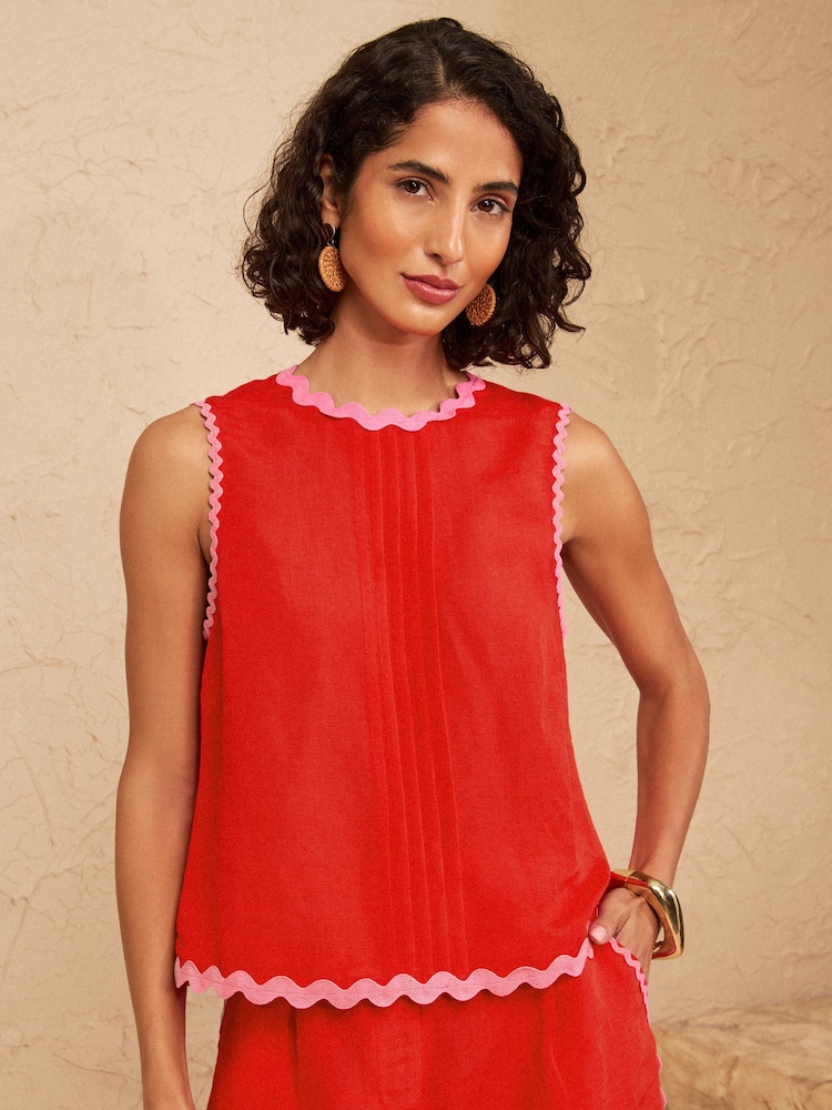 Love & Roses Red Viscose/Linen Blend Ric Rac Trim Shell Top - Image 1 of 4