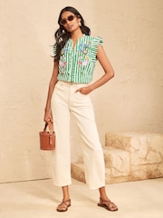 Love & Roses Green Stripe Embroidered Notch Neck Flutter Sleeve Blouse - Image 3 of 4