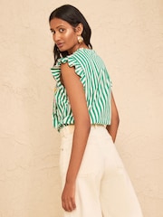 Love & Roses Green Stripe Embroidered Notch Neck Flutter Sleeve Blouse - Image 4 of 4