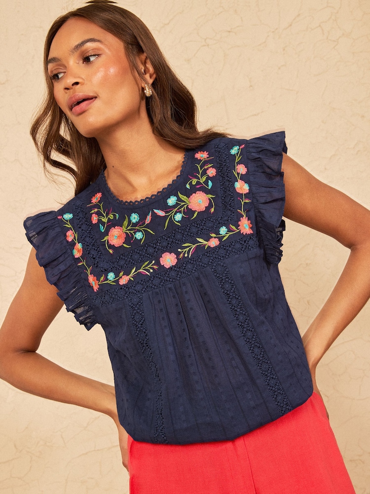 Love & Roses Navy Embroidered Crew Neck Flutter Sleeve Blouse - Image 1 of 4 Love & Roses Navy Embroidered Crew Neck Flutter Sleeve Blouse - Image 1 of 4