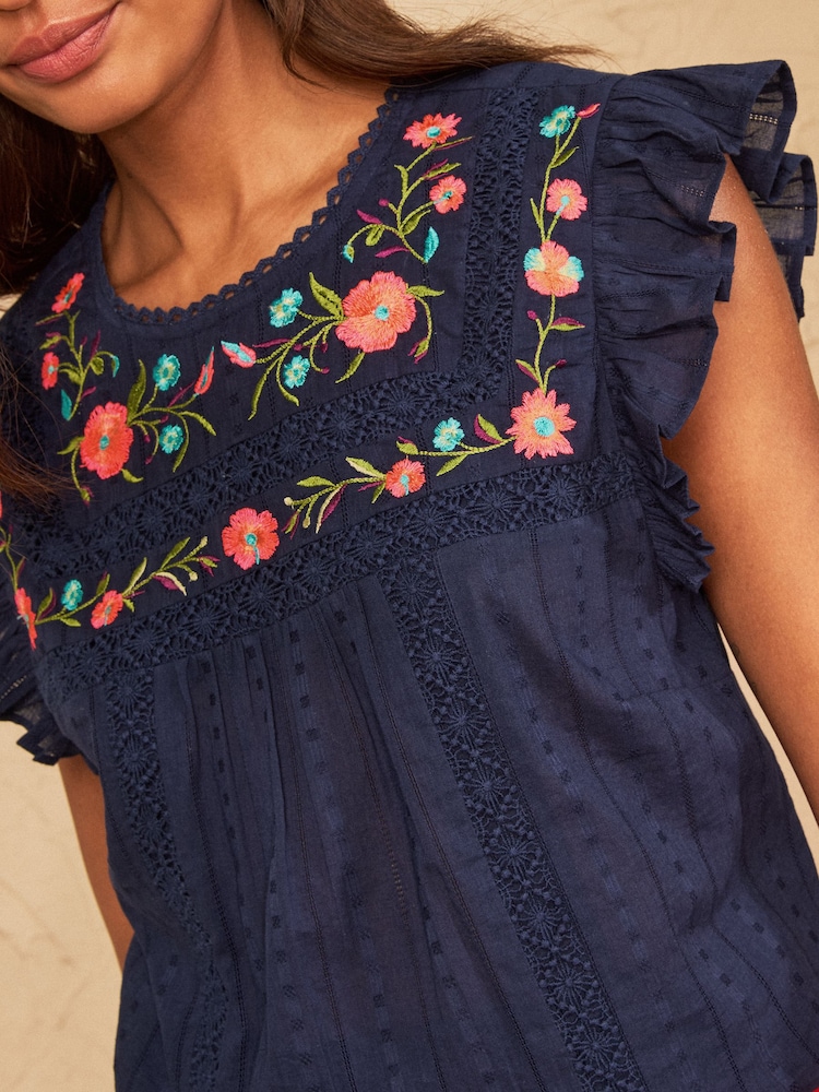 Love & Roses Navy Embroidered Crew Neck Flutter Sleeve Blouse - Image 2 of 4 Love & Roses Navy Embroidered Crew Neck Flutter Sleeve Blouse - Image 2 of 4