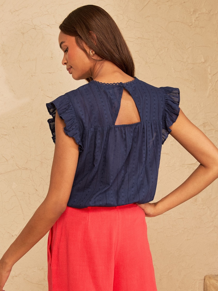 Love & Roses Navy Embroidered Crew Neck Flutter Sleeve Blouse - Image 4 of 4 Love & Roses Navy Embroidered Crew Neck Flutter Sleeve Blouse - Image 4 of 4