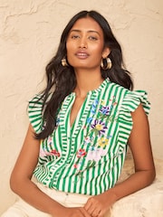 Love & Roses Green Stripe Petite Embroidered Notch Neck Flutter Sleeve Blouse - Image 1 of 4