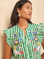 Love & Roses Green Stripe Petite Embroidered Notch Neck Flutter Sleeve Blouse - Image 2 of 4