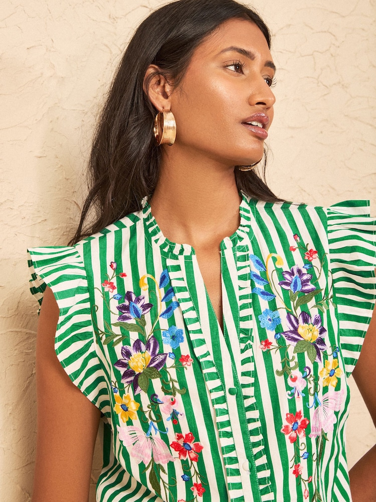Love & Roses Green Stripe Petite Embroidered Notch Neck Flutter Sleeve Blouse - Image 2 of 4
