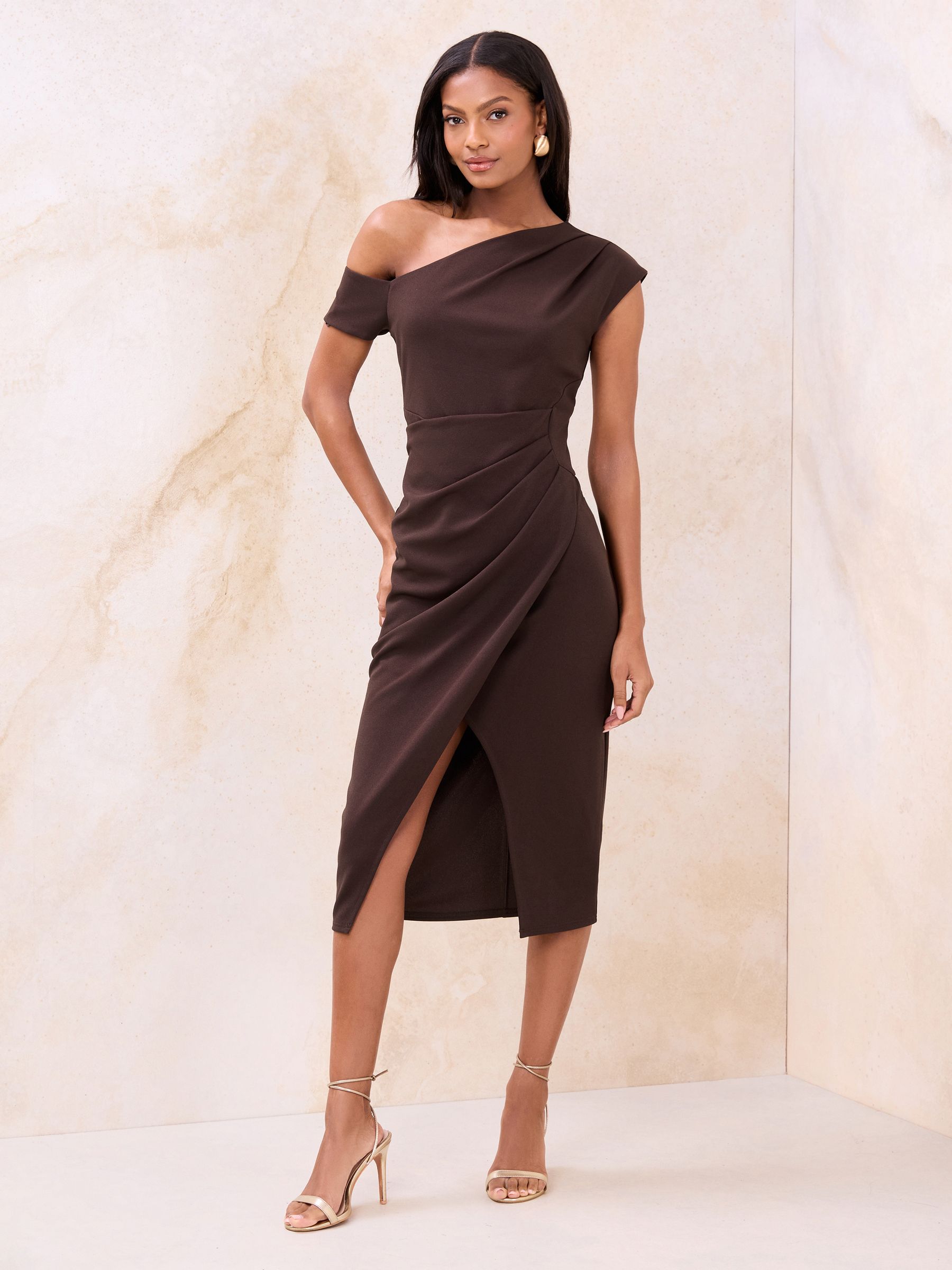 Buy Lipsy Chocolate Brown Off The Shoulder Gathered Waist Midi