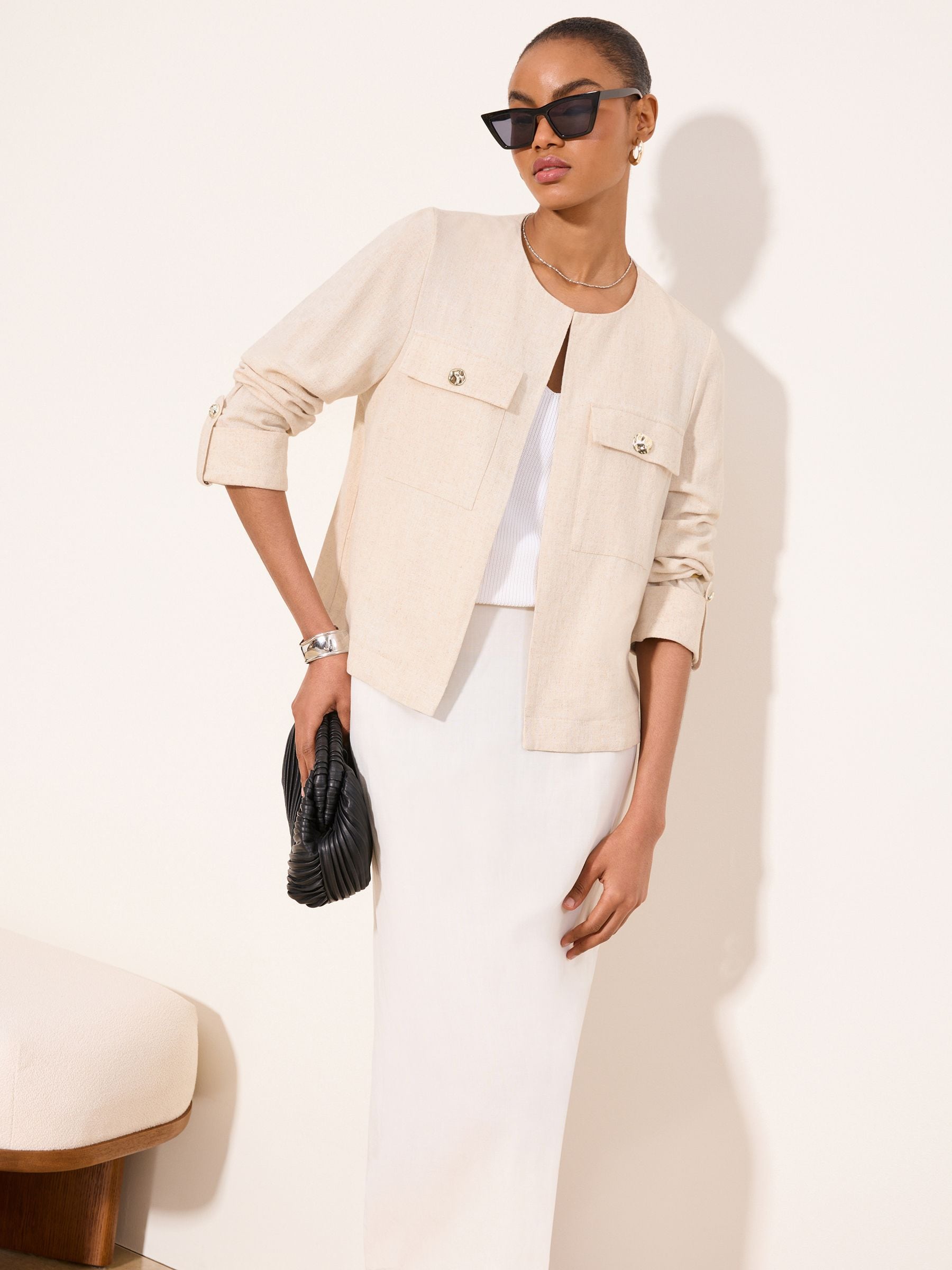 Buy Lipsy Neutral Linen Blend Utility Crop Jacket from the Next UK