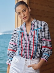 Love & Roses Black Gingham Petite Ric Rac Trim 3/4 Sleeve Notch Neck Blouse - Image 1 of 4