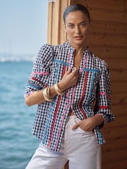 Love & Roses Black Gingham Petite Ric Rac Trim 3/4 Sleeve Notch Neck Blouse - Image 2 of 4