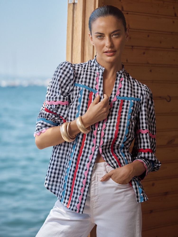 Love & Roses Black Gingham Petite Ric Rac Trim 3/4 Sleeve Notch Neck Blouse - Image 2 of 4