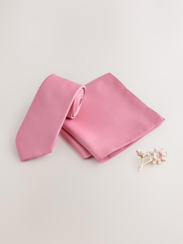 Pink Tie Pocket Square and Brooch Set - Image 1 of 4