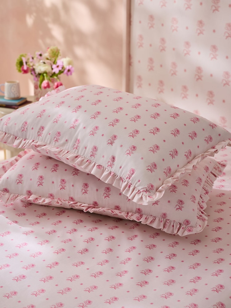 Cath Kidston Set of 2 Pink Spitalfields Floral Frill 100% Cotton Pillowcases - Image 1 of 3