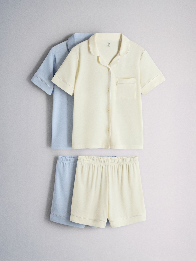 The Set Soft Touch Short Sleeve Top and Short Pyjamas 2 Pack Blue/Yellow - Image 1 of 5 The Set Soft Touch Short Sleeve Top and Short Pyjamas 2 Pack Blue/Yellow - Image 1 of 5