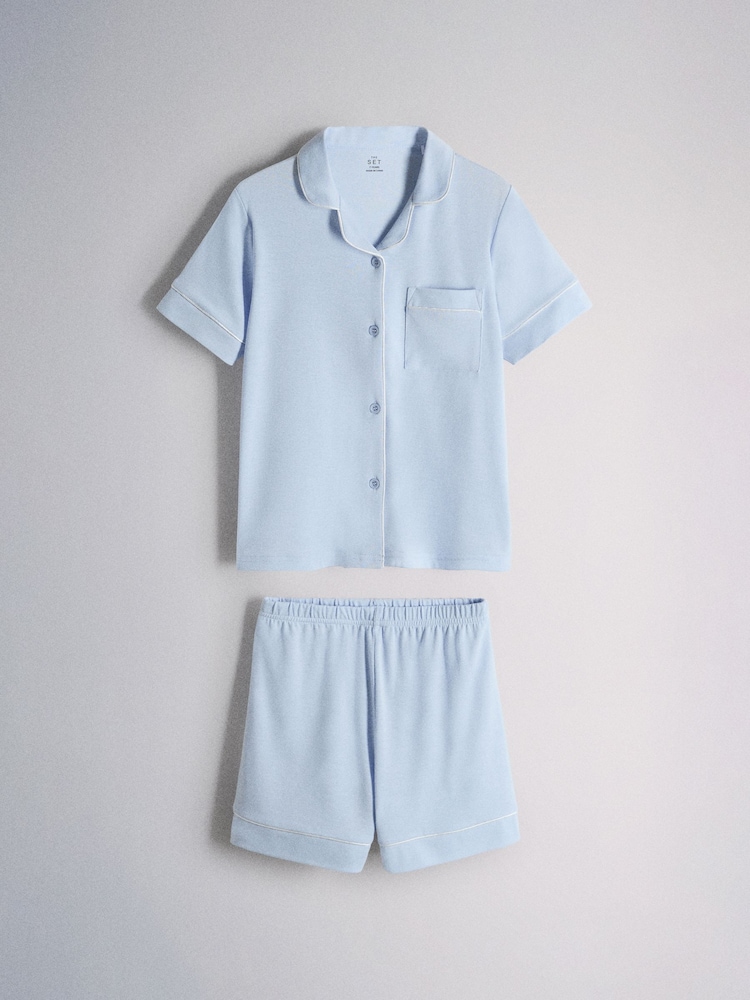 The Set Soft Touch Short Sleeve Top and Short Pyjamas 2 Pack Blue/Yellow - Image 2 of 5 The Set Soft Touch Short Sleeve Top and Short Pyjamas 2 Pack Blue/Yellow - Image 2 of 5