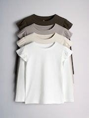 The Set 4 Pack Long Sleeve Ruffle Cotton T-Shirts Brown/Cream - Image 2 of 6