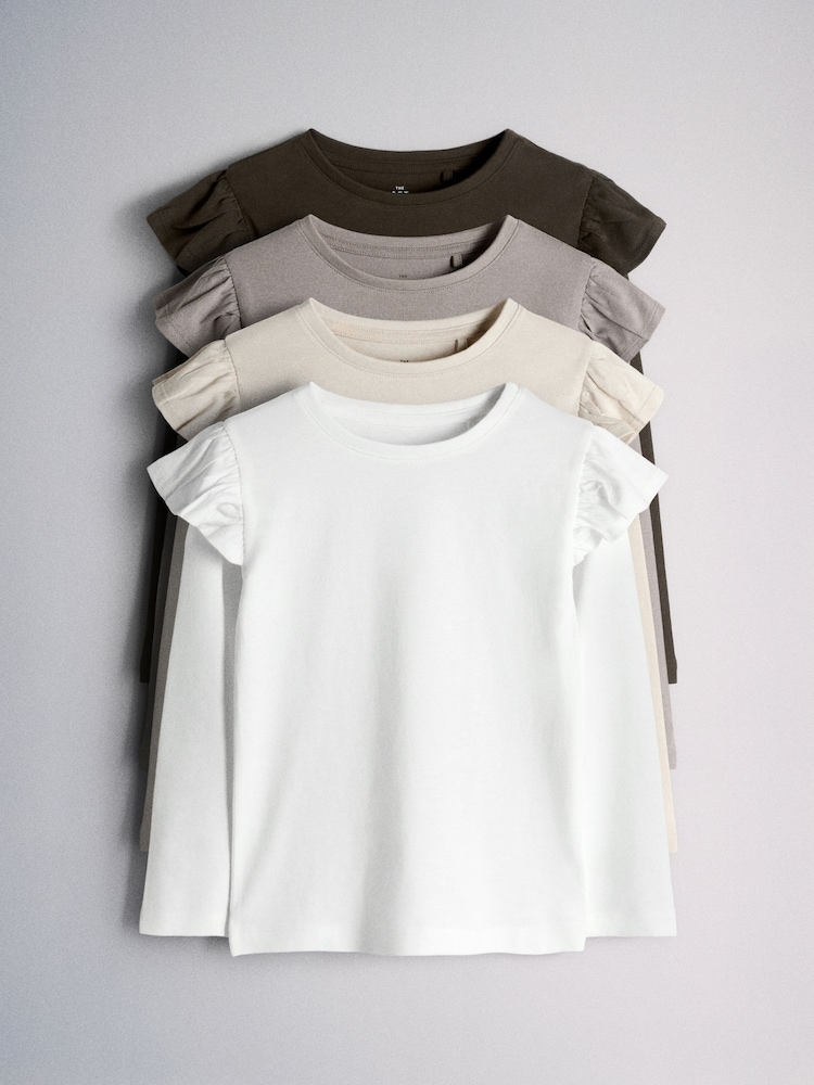 The Set 4 Pack Long Sleeve Ruffle Cotton T-Shirts Brown/Cream - Image 2 of 6